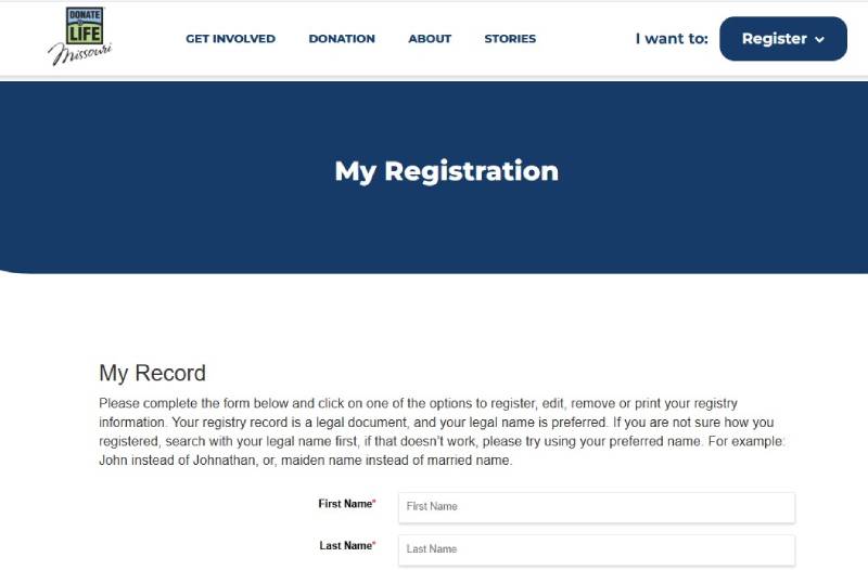 Registration form screenshot